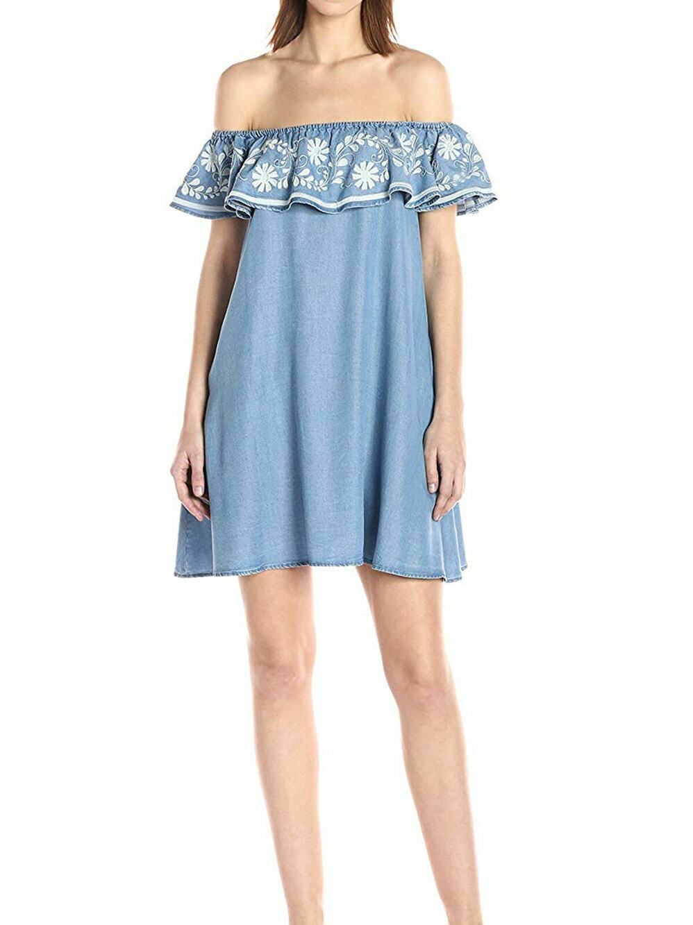 Rebecca Minkoff Summer Short Dress Small Blue Denim Chambray Off Shoulder Pocket